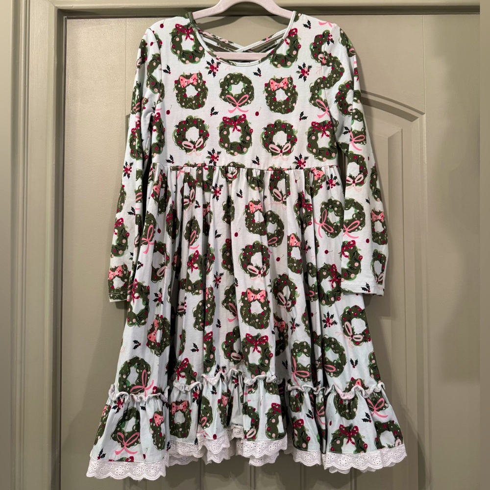 SWEETHONEY Girls Christmas/Holiday Wreath Printed Twirl Dress Size 10 EUC!